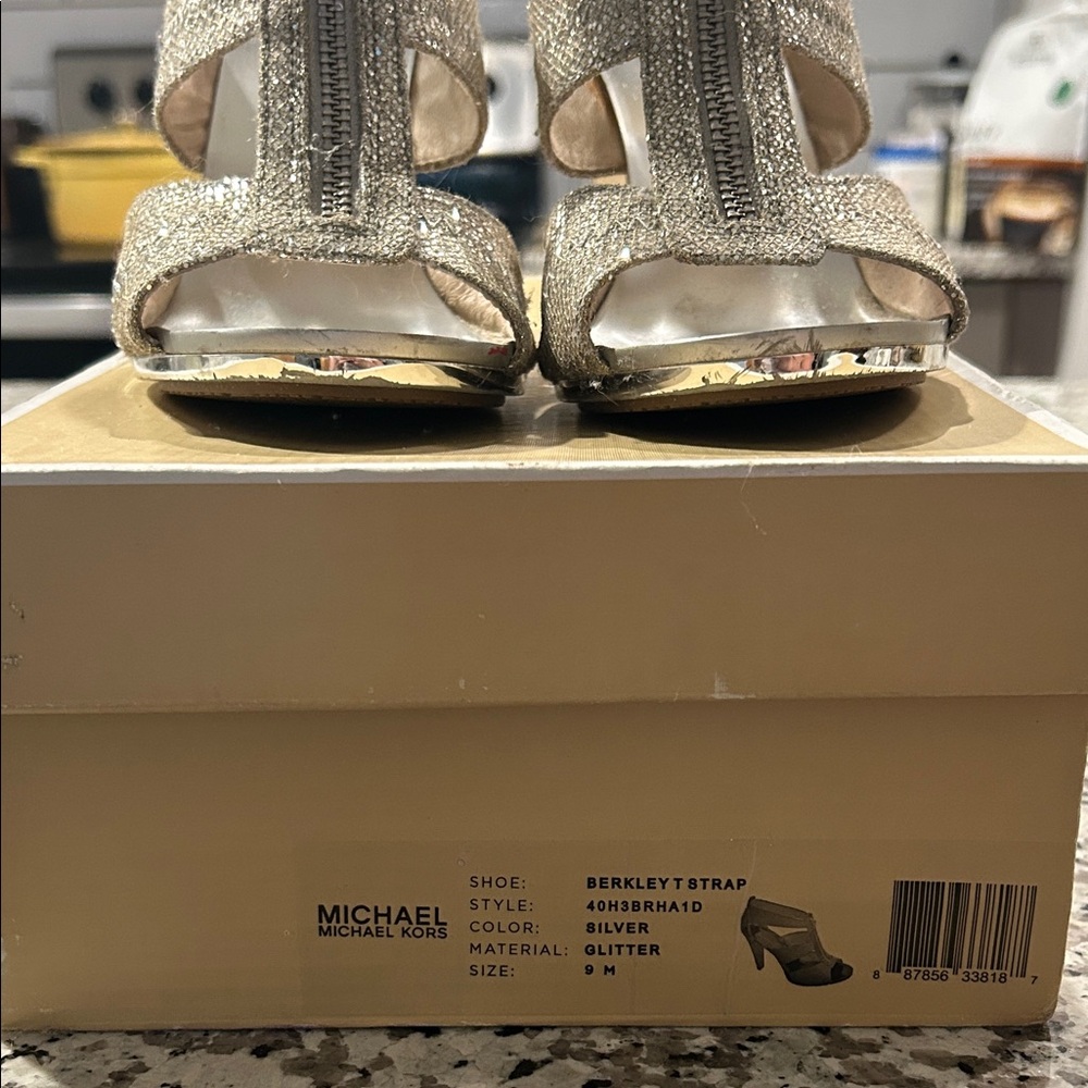 Michael Kors Silver Glitter T-Strap High Heels - Picture 7 of 7